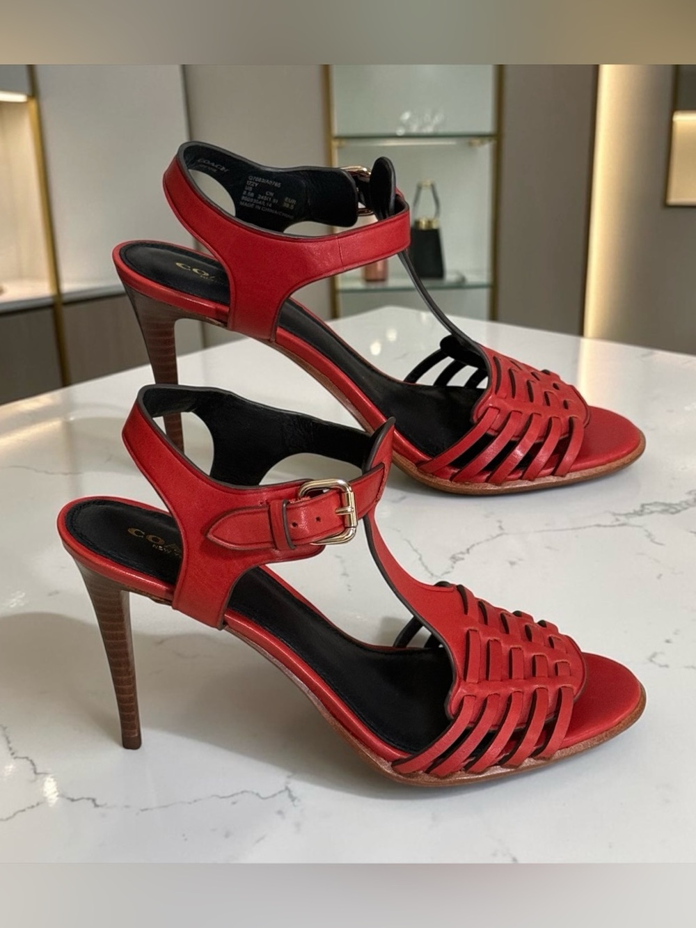 Coach Izzy Red Leather T-Strap Heeled Stiletto Sandals! Size 8.5